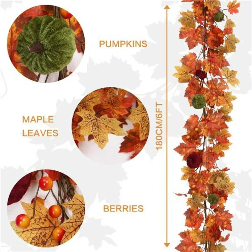 Fall Garland, 6FT Autumn Maple Leaf Velvet Pumpkin/Berry Garland Fall